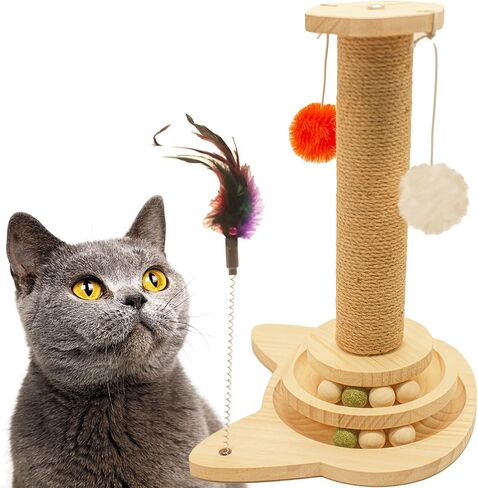 Cat Scratching Post with Sisal & Pine Wood, Interactive Ball Track & Hanging Toys – Perfect for Indoor Cats & Kittens, Includes Catnip Balls in Saudi Arabia