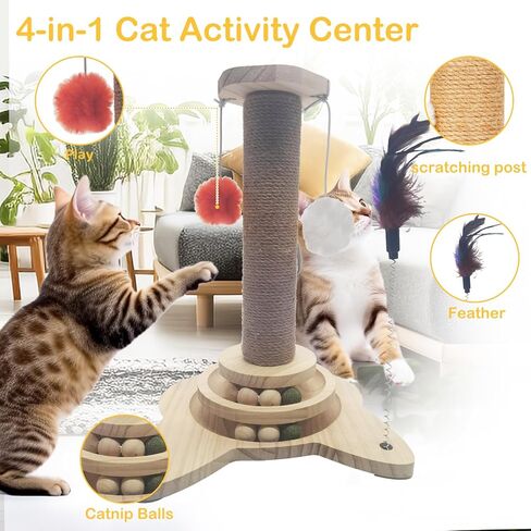 Cat Scratching Post with Sisal & Pine Wood, Interactive Ball Track & Hanging Toys – Perfect for Indoor Cats & Kittens, Includes Catnip Balls in Saudi Arabia