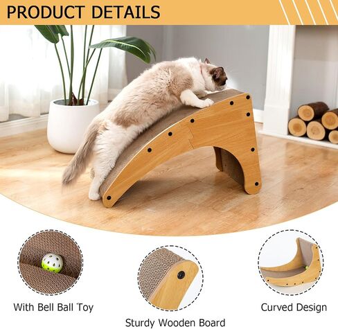 Pettycare 3 in 1 Vertical Cat Scratcher, L-Shaped Cat Scratcher for Indoor Cats, 23.8 Inch Curved Cat Scratching Board with Bell Ball Toy, Wood Color Cat Scratch Pad, Abrasion Corrugated Cardboard in Saudi Arabia
