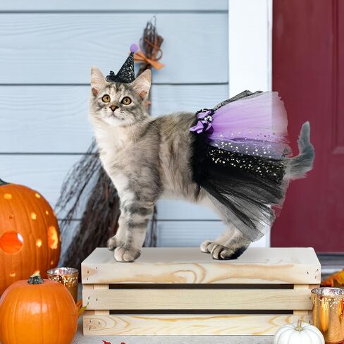 Pet Halloween Witch Costume for Cat Kitten Witch's Hat & Black Tutu Skirt Cat Bandana Purple Wizard Cosplay Outfits Small Pet Halloween Costume for Puppies Cats L in Saudi Arabia