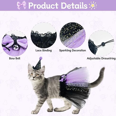Pet Halloween Witch Costume for Cat Kitten Witch's Hat & Black Tutu Skirt Cat Bandana Purple Wizard Cosplay Outfits Small Pet Halloween Costume for Puppies Cats L in Saudi Arabia