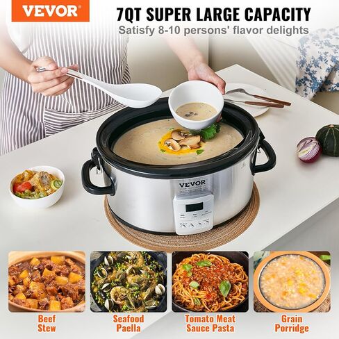 VEVOR Slow Cooker, 7QT 280W Electric Slow Cooker Pot with 3-Level Heat Settings, Digital Slow Cookers with 20 Hours Max Timer, Locking Lid, Ceramic Inner Pot for Home/Commercial Use in Saudi Arabia