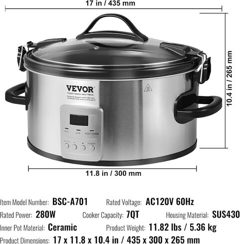 VEVOR Slow Cooker, 7QT 280W Electric Slow Cooker Pot with 3-Level Heat Settings, Digital Slow Cookers with 20 Hours Max Timer, Locking Lid, Ceramic Inner Pot for Home/Commercial Use in Saudi Arabia