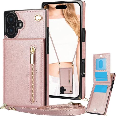 for Apple iPhone 16 Pro Case Wallet with Card Slots Holder for Women, Crossbody Zipper Lanyard PU Leather Protective Case Cover with Removable Shoulder Strap for iPhone 16 Pro ZP Black in Kuwait