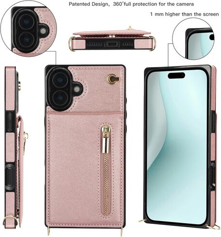 for Apple iPhone 16 Pro Case Wallet with Card Slots Holder for Women, Crossbody Zipper Lanyard PU Leather Protective Case Cover with Removable Shoulder Strap for iPhone 16 Pro ZP Black in Kuwait