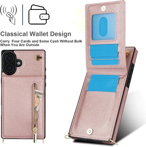 for Apple iPhone 16 Pro Case Wallet with Card Slots Holder for Women, Crossbody Zipper Lanyard PU Leather Protective Case Cover with Removable Shoulder Strap for iPhone 16 Pro ZP Black in Kuwait