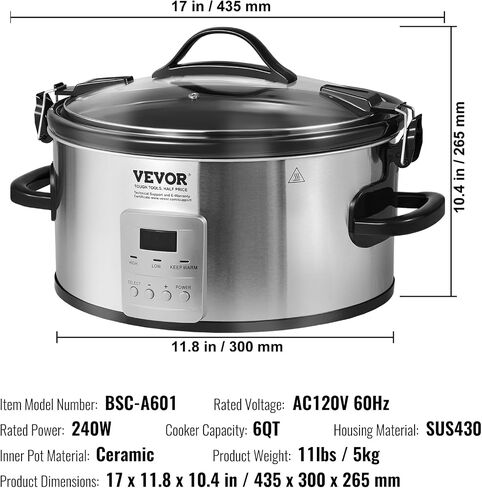 طباخ بطيء VEVOR، وعاء طباخ كهربائي بطيء 6QT 240W مع إعدادات حرارة 3 مستويات، طباخات بطيئة رقمية مع مؤقت أقصى 20 ساعة، غطاء قفل، وعاء داخلي من السيراميك للاستخدام المنزلي/التجاري in Saudi Arabia