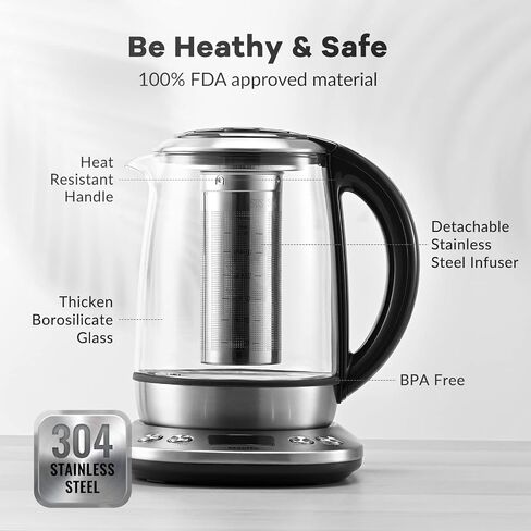 Mecity Tea Kettle Electric Tea Pot with Removable Infuser, 9 Preset Brewing Programs Tea Maker with Temprature Control, 2 Hours keep Warm, 1.7 Liter Electric Kettles, 1200W, Glass and Stainless Steel in Saudi Arabia