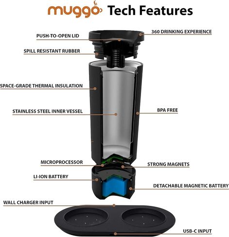 Muggo 12 oz Self-Heating Coffee Mug, Temperature Control Travel Mug, Black Portable Heated Coffee Mug with Leak-Proof Lid & 3-Hour Battery Life in Kuwait