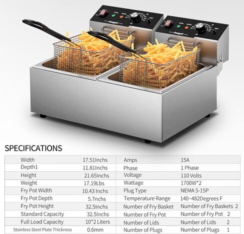 Commercial Deep Fryer with Baskets Stainless Steel Double Deep Fryer with 2 Baskets Capacity 10L X 2(21.2QT) Electric Countertop Fryer for Restaurant and Home Use, 110V 3400W in Saudi Arabia