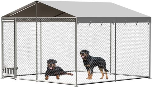 Outdoor Dog Kennel, 10x10FT Large Dog Kennel with Feeding Device, Metal Ties, Waterproof Cover, Rainproof Roof, Large Metal Dog House for Outdoor Garden Yard as Show One Size in Saudi Arabia