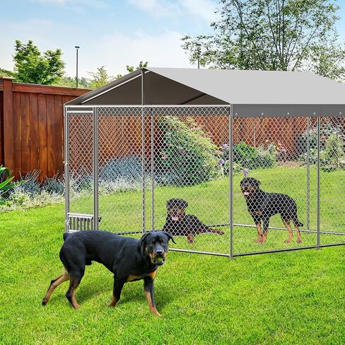 Outdoor Dog Kennel, 10x10FT Large Dog Kennel with Feeding Device, Metal Ties, Waterproof Cover, Rainproof Roof, Large Metal Dog House for Outdoor Garden Yard as Show One Size in Saudi Arabia