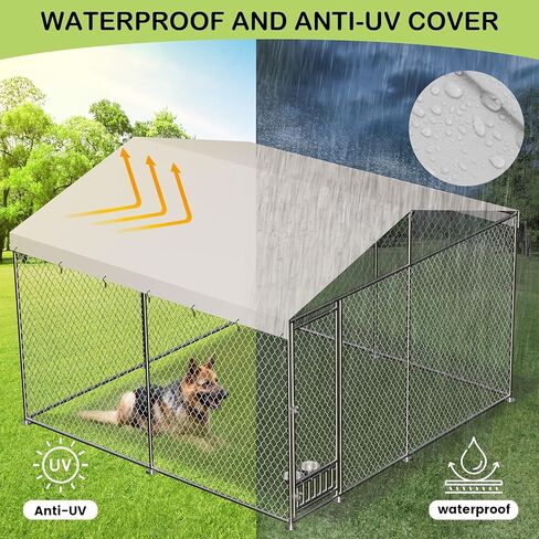 Outdoor Dog Kennel, 10x10FT Large Dog Kennel with Feeding Device, Metal Ties, Waterproof Cover, Rainproof Roof, Large Metal Dog House for Outdoor Garden Yard as Show One Size in Saudi Arabia