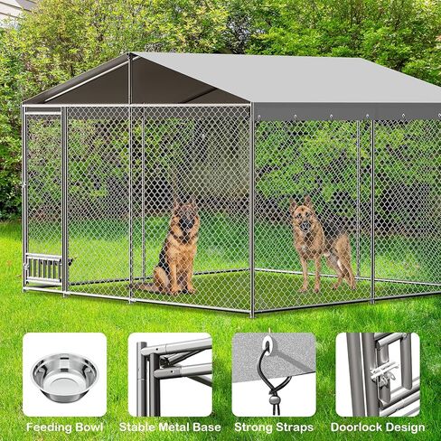 Outdoor Dog Kennel, 10x10FT Large Dog Kennel with Feeding Device, Metal Ties, Waterproof Cover, Rainproof Roof, Large Metal Dog House for Outdoor Garden Yard as Show One Size in Saudi Arabia