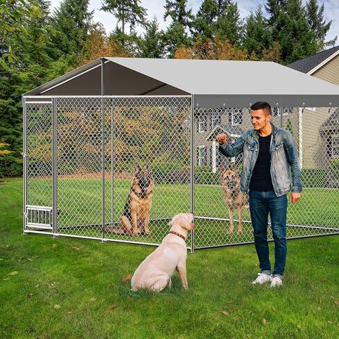 Outdoor Dog Kennel, 10x10FT Large Dog Kennel with Feeding Device, Metal Ties, Waterproof Cover, Rainproof Roof, Large Metal Dog House for Outdoor Garden Yard as Show One Size in Saudi Arabia