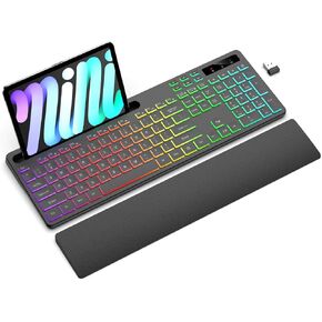 Wireless Keyboard with 7 Colors & 4 Modes RGB Backlit, Ergonomic Keyboard with Wrist Rest, Phone Tablet Holder, 2.4G Light Up Computer Keyboard with Numeric Keypad for Mac, Windows