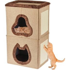 2-Tier Cat House, Cat House for Indoor Cats Bed, Covered Cat Beds with Hideaway Cave and Scratch Pad, Foldable Modern Cat House for Multi Small Pet Large Kitten Kitty