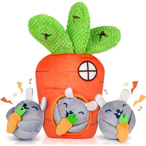 Hide and Seek Squeaky Dog Plush Toy Carrot and Bunny Set, 4 Pack Dog Puzzle Toys for Training and Cleaning, Interactive Tough Dog Toy for Small Medium Dogs
