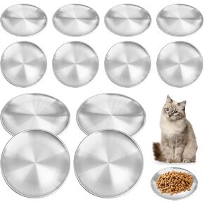 Fhiny 12 PCS Stainless Steel Cat Dish Set, 5.5", Wide Whisker Friendly Cat Bowls Shallow Kitten Feeding Plate Replacement Basic Small Pet Bowl Metal Flat Cat Dish for Stray Cats Dogs (5.5" Dia)