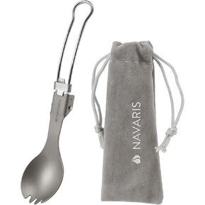 Navaris Titanium & Stainless Steel Sporks Set of 2 - Lightweight & Foldable Travel Cutlery - Compact Reusable Fork & Spoon with Locking Mechanism & Carry Bag - Spork for Camping