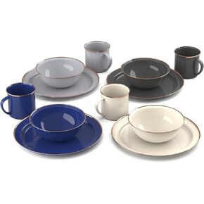 GSI Outdoors Mesa 4-Person Enamelware Camp Set – Classic Enamel Finish with Stainless Steel Rim, 12-Piece, Dishwasher Safe, Multi-Color