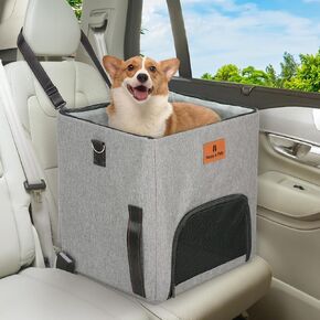 Happy & Polly Small Dog Car Seat - Portable Dog Booster Seat for Puppy Cat with Sturdy Metal Frame, Clip-On Safety Leash, Adjustable Straps, Collapsible Dog Seat for Small Pets up to 25lbs (Grey)