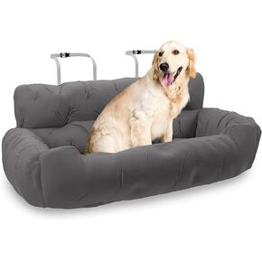 Dog Car Seat for Medium and Large Sized Dogs – Dog Bed Car, Pet Car Seat, Adjustable Straps, 2 Safety Leashes, Reversible Cushion, Side Pockets, Non-Slip Bottom, Dog Booster Car Seat (Gray)