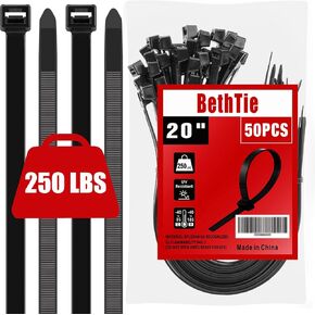 20 inch Zip Ties Heavy Duty 50 PCS, 250 LBS Ultra Strong Plastic Wire Ties, Large Cable Ties Extra Long Tie Wraps, Indoor and Outdoor UV Resistant