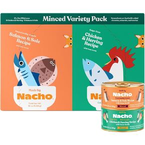 Made by Nacho Premium Minced Wet Canned Cat Food with Hydrating Bone Broth 5.5oz (12 Packs) (Variety Pack (Turkey & Turkey Liver, Chicken & Herring, and Salmon & Sole))