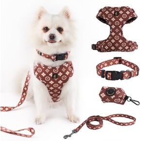 Adjustable Dog Harness, Leash, Poop Bag Holder/Dispenser and Bandana Set, No Pull, Soft Mesh Padded, for Small/Medium Dogs Outdoor Walking/Running (Small, Furberryplaid)