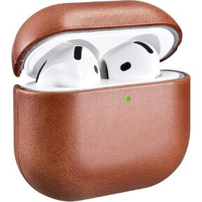 AirPods 4 Leather Case, ICARER Genuine Leather AirPod 4 Case Support Wireless Chargin, MagSafe and Led Light for Apple AirPods 4 (2024) (Brown)