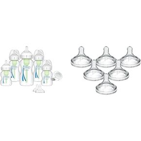 Dr. Brown's Natural Flow® Anti-Colic Options+™ Wide-Neck Bottle Essentials Gift Set & Natural Flow Level 2, Wide-Neck Baby Bottle Silicone Nipple, Medium Flow, 3m+, 100% Silicone, 2 Count (Pack of 1)