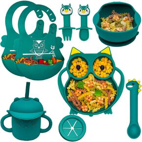 3Pcs Toddler Silicone Dinosaur Placemat Spoon and Fork Set,Divided Plate Dish for Baby Kids Infant Self Feeding Training，Non-Suction BPA Free Microwave Dishwasher Safe-Blue… in Saudi Arabia
