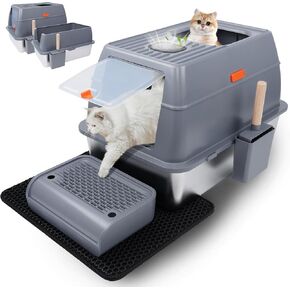 Stainless Steel Cat Litter Box with Lid, Extra Large Enclosed Litter Box with Litter Scoop Litter Mat & Front Step, Covered Kitty Litter Box for Top Entry Odor-Control Anti-Leakage Non-Stick (Grey)