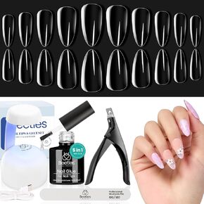 Beetles Gel Nail Kit Easy Nail Extension Set 5 In 1 Nail Glue Gel Base Coat with Pre shaped Medium Almond Soft Gel Nail Tips and Led Nail Lamp Acrylic Nail Clipper for Nail Art Diy Home