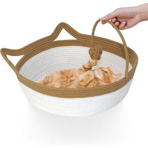 Cotton Rope Woven Cat Bed Basket, Pet Sleeping Bed Basket with a Playing Rope Ball, Cat Foldable Sleeping Basket for Cats, Puppies, Rabbits and Small Pets (Large, Brown & Beige)