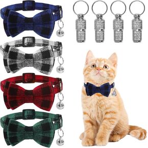 Fumwase 4 Pack Plaid Cat Collars with Bell Cat Collars with Cute Bowtie Quick Release Cat Collars with Anti-Lost Tags Adjustable Breakaway Holiday Pet for Cat Puppy Small Dog (Red+Green+Blue+Grey)