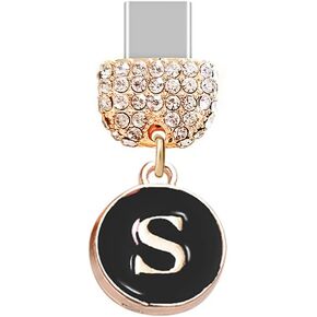 ELISE & FONDA TP65 Type-C USB Charging Port Crystal Anti Dust Plug with Tiny letter S Cell Phone Charm for Samsung/Huawei/OnePlus/Xiaomi/oppo New Android Phones(Black)