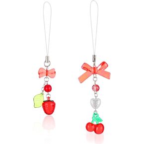 2Pcs Cherry Strawberry Phone Charm, Kawaii Strawberry Keychain Y2K Kpop Aesthetic Charms Cute Bowknot Beaded Phone Case Chain Lanyard for Women Girls Phone Bag Keychain Camera Pendants Decor