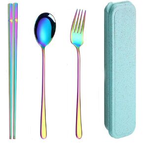 3 PCS Stainless Steel Travel Camping Flatware Set Portable Fork Spoon Chopsticks with Case （Color） in Kuwait