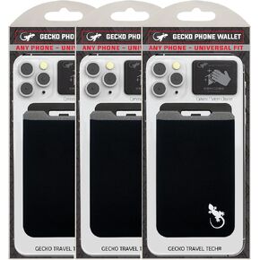Gecko Travel Tech 3 Pack Phone Wallet Stick on- Phone Card Holder Black - Cellphone Accessories Universal fits Any Cellphone - cardholder Stretchy - Phone Card Holder Wallet (x3 Black/White