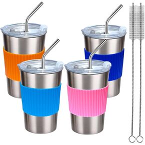Cups with Lids and Straws, 500ml 4 Pack Reusable Leakproof Stainless Steel Cups, BPA Free Unbreakable Metal Coffee/Beer/Smoothie Camping Cup(Orange&Blue&Pink&Dark Blue)