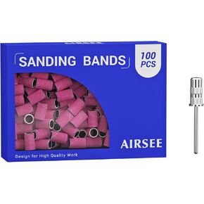 AIRSEE 100Pcs Sanding Bands 180 Grit Professional Nail Manicure Electric File Sand Piece Set with 1 Mandrel, Great Fit for Nail Drill Bits Working on Acrylic Nails