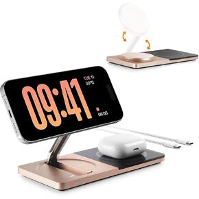 حامل شاحن Mag-Safe لهاتف iPhone، حامل شاحن لاسلكي لمنتجات Apple، محطة شحن مغناطيسية 2 في 1 لسلسلة iPhone 15/14/13/12، Airpods 3/2/Pro مع محول (ذهبي)