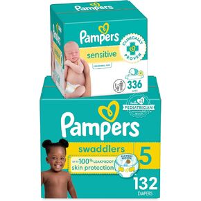 Diapers Size 5, 132 Count and Baby Wipes - Pampers Swaddlers Disposable Baby Diapers and Water Baby Wipes Sensitive Pop-Top Packs, 336 Count (Packaging May Vary)