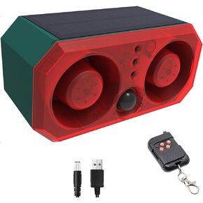 Solar Outdoor Motion Sensor Alarm: Motion Detector Alarm,Dog Barking&Gunshot Sound Alarm, 129dB*2 Loud Noise Maker,Support Recording,4 Modes,Strobe Light with USB for Home Security