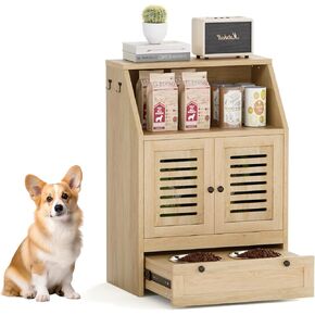 Giluta Pet Feeder Station Storage Cabinet, Dog Feeding Station Dog Food Station Furniture with 2 Raised Dog Bowls, Pull Out Elevated Dog Bowls for Water and Feeding Supplies, Pet Toy Storage Organizer