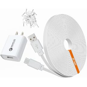 30ft Power Extension Cable for Tapo TP-Link 2K QHD C120 Security Camera - 9m USB C Long Flat Charging Cord with 18W Fast Charger, White