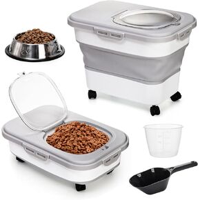 Dog Food Storage Container, Collapsible Airtight Pet Cat Food Bin with Dog Bowl, Wheels, Scoop and Measuring Cup, 20 Lb Kitchen Rice Cereal Flour Bin, Keep Fresh for Dog, Cat, Bird