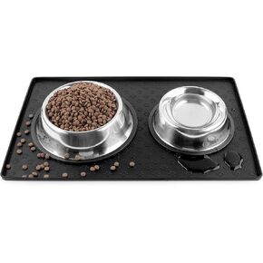 Coomazy Dog Food Mat, Silicone Waterproof Cat Feeding Mat Raised Edges, Nonslip Pet Placemat Bowl Tray to Stop Food Spills and Water Messes Out to Floor, 18.9x11.8 Black